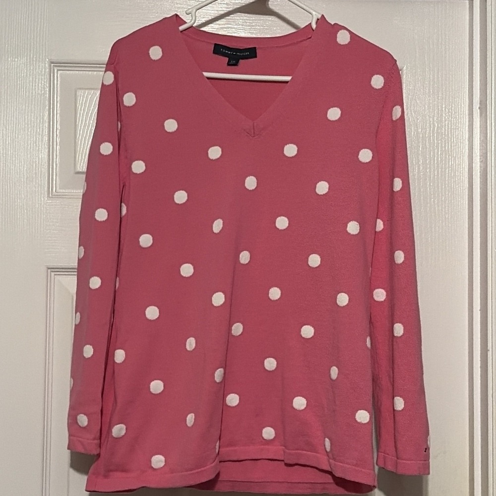 Tommy Hilfiger Womens V Neck PINK w/ White Polka Dot Casual/work Sweater Size L